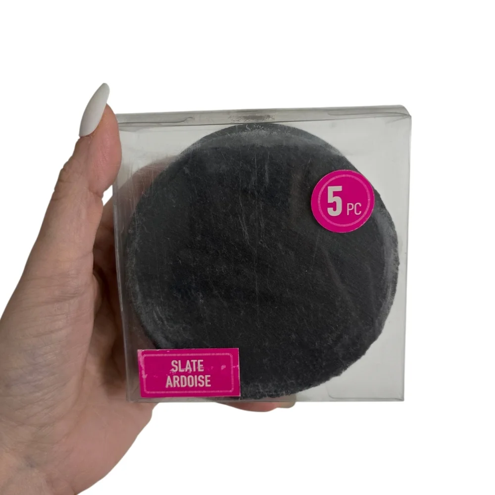Set of 5 Jagged Slate Coasters Charcoal Gray Black Round Barware Home Essentials